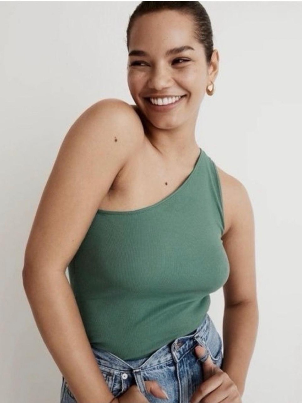 Madewell One-Shoulder Ribbed Tank Top - Green; size medium